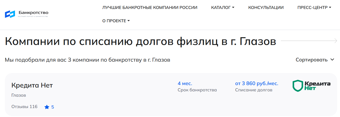 КредитаНет – первые в рейтинге компаний по банкротству в Глазове на сайте Банкротство Инфо